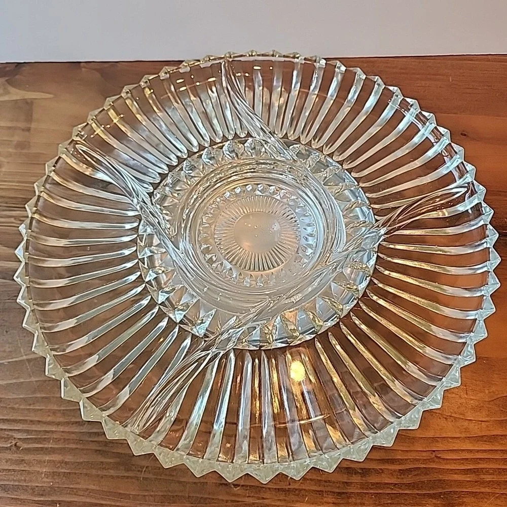 Vintage Kromex Lazy Susan Glass Tray with Inserts Relish Tray‎ Chrome Pedestal
